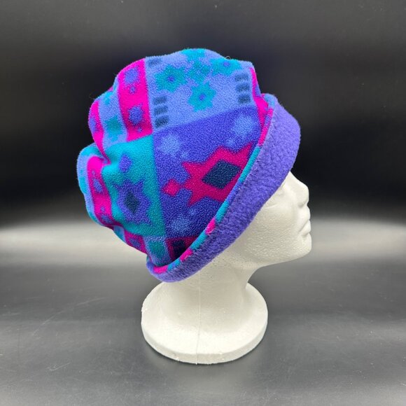 Vintage Winter Hat 90s Turtle Fur USA Fleece Purple Blue Retro Beanie Toboggan - Picture 4 of 10